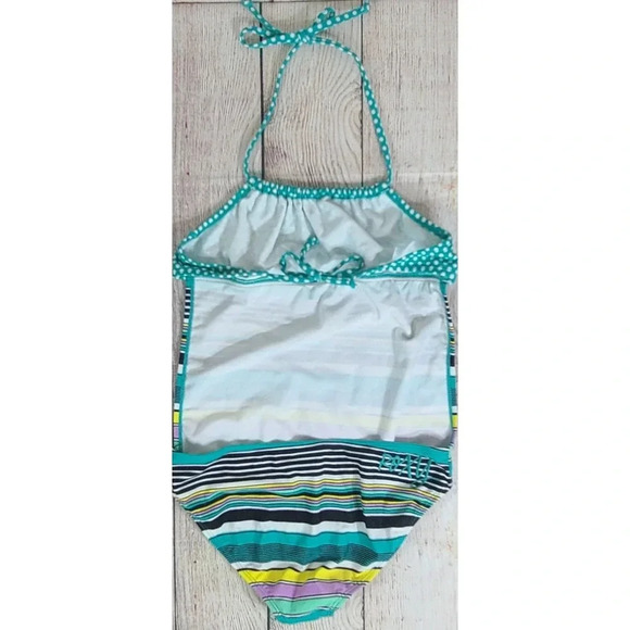 Roxy 1pc Halter Bathing Suit Girl's Size 16 Teal Black Yellow Stripes Polka Dots - Picture 2 of 7